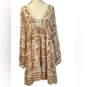 Salty Lemon Elegant Tan Geometric Long Sleeve Dress